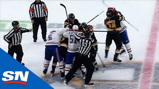 Shea Weber Shoves David Pastrnak To Kick Off Canadiens vs Bruins Line Brawl [upl. by Wing]