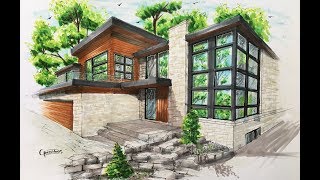 How to draw an Architectural sketching of house with markers Como hacer un Bosquejo arquitectónico [upl. by Highams]