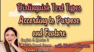 ENGLISH 5 QUARTER 3 LESSON 1 DISTINGUISH TEXT TYPE ACCORDING TO PURPOSE AND FEATURE [upl. by Tnomyar]