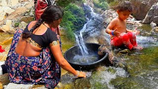 220 Siya Bathing in Waterfall  Village Women Washing Clothes [upl. by Novanod937]