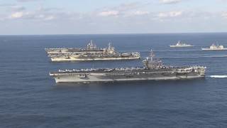 US Navy Three Carrier Formation in Western Pacific Ocean [upl. by Nevyar]