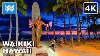 4K Waikiki Beach at Night in Honolulu Hawaii USA Walking Tour amp Travel Vacation Guide Kalakaua [upl. by Siskind816]