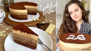 CSOKITRIÓ 🍫🤍🤎  Triplacsokis Mousse torta  BebePiskóta [upl. by Einner]