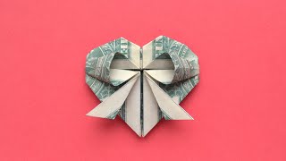 My MONEY HEART WITH BOW  Dollar Origami for Valentines Day  Tutorial DIY by NProkuda [upl. by Margarette]