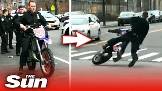 Embarrassing moment NYC cop falls off dirt bike [upl. by Thorpe]