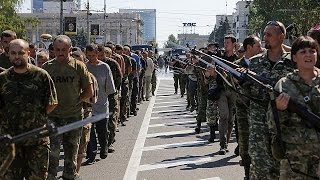 Video Captured Ukrainian soldiers march through streets of Donetsk [upl. by Ornie181]