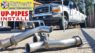 2001 F350 73  RiffRaff UpPipes Install  Stock up pipes leaking and falling apart JUNK SP [upl. by Kidd271]