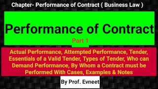 Performance of Contract in Indian Contract Act 1872 Part 1 CA Foundation Tender amp its Essentials [upl. by Polash]