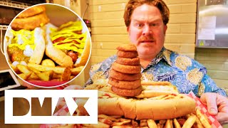 Casey Versus A FIVE Pound Tray Of Hotdogs Onion Rings amp Fries  Man V Food [upl. by Arytas]