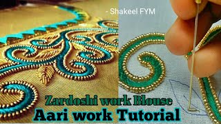 Zardoshi work blouse design tutorial  Aari work  Hand Embroidery [upl. by Notsej]