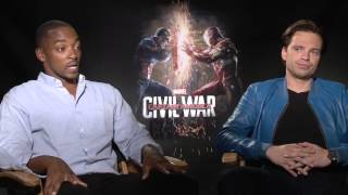 Captain America Civil War Interview  Anthony Mackie and Sebastian Stan [upl. by Nylarat]