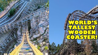 Worlds TALLEST Wooden Roller Coaster Wildfire MultiAngle 4K POV Kolmarden Zoo Sweden [upl. by Drugge]